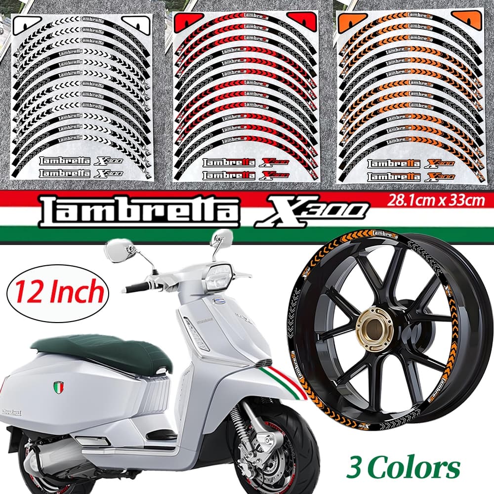 Lambretta X300 สติกเกอร์สะท้อนแสง 3D แบบนิ่ม กันน้ํา 12 นิ้ว สําหรับตกแต่งล้อรถจักรยานยนต์ Lambretta X300