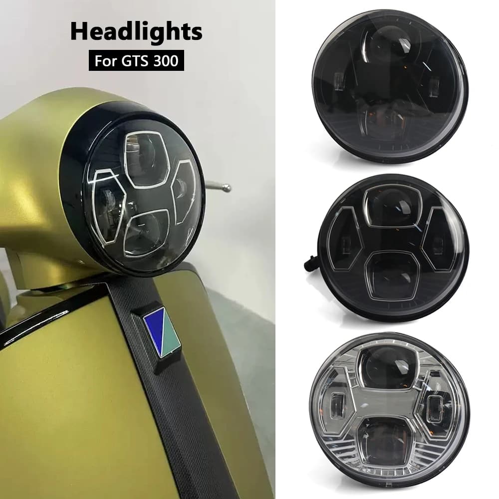 GTS300 LED ไฟหน้าอุปกรณ์เสริมรถจักรยานยนต์ใหม่ไฟหน้า 3 สีสําหรับ Vespa GTS 300 Gts300 gts300