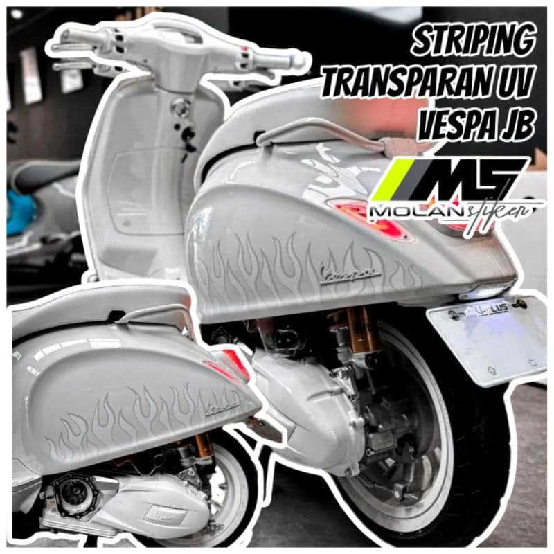 Decal สติกเกอร์ Striping Variation โปร่งใส Uv Vespa JB Vespa Sprint 150 Justin Bieber & Vespa Primavera 150 Justin Bieber Vespa Matic Api Vespa Lx 125/150 Api Vespa Gts Api Vespa iget 2V 3V Lis/S/S Vespa Transparent White Fire JB