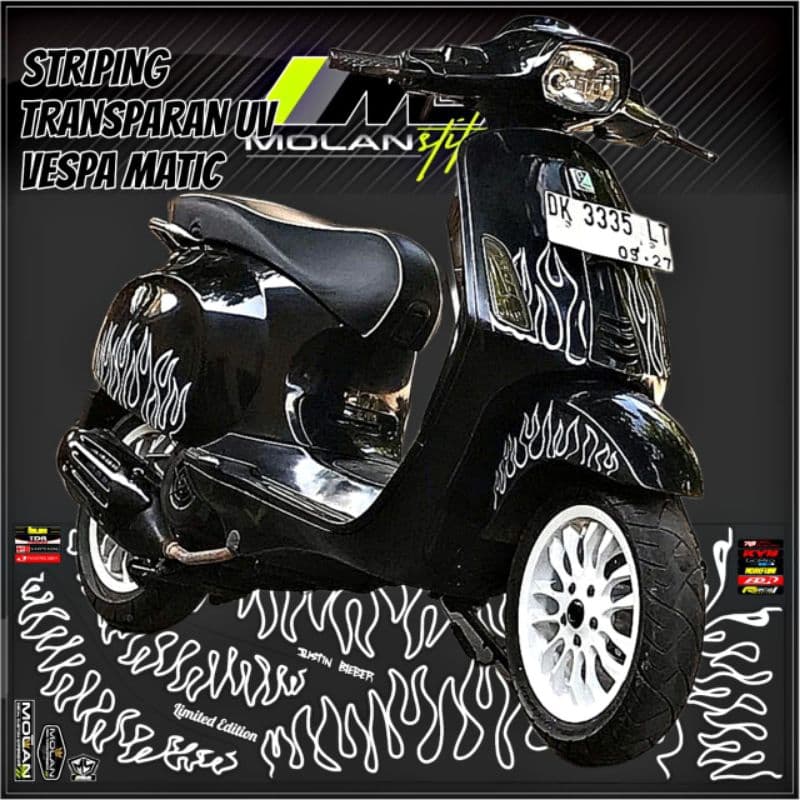 Decal สติกเกอร์ Striping Variation โปร่งใส Uv Vespa Sprint 150 Api & Vespa Primavera 150 Api Matic Api S 125 Lx 125/150 Gts Sprint Justin Bieber iget 2V 3V JustinBieber Black Transparent Fire Vespa