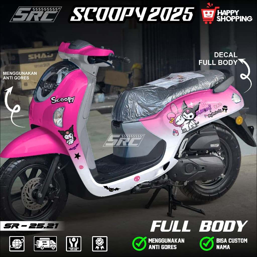 Honda Scoopy Full Body Decal สติกเกอร์ 2025 Scoopy Full Body สติกเกอร์ 2025 2026 Kuromi Scoopy Motif 2025 Kuromi Scoopy Image 2025 น่ารัก Kuromi ตัวอักษร SR 25.21