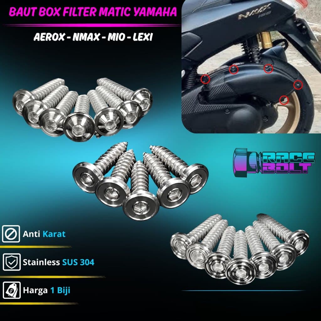 XMAX Aerox NMax Mio Lexi กล่องกรองสลักเกลียว Yamaha สกรูอัตโนมัติสแตนเลส SUS 304 สกรูป้องกันสนิม