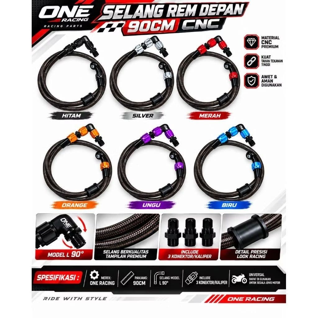 ONE RACING ท่อเบรคหน้า 90CM CNC Universal รุ่น L 90° 3 universal one racing เบรคหน้าท่อตัวเชื่อมต่อสําหรับ Mio Beat Scoopy Vario เก่า Vario LED ใหม่ Beat deluxe Nmax ใหม่ Nmax เก่า Aerox ใหม่ Nmax Turbo Aerox alpha vario160 PCX adv stylo