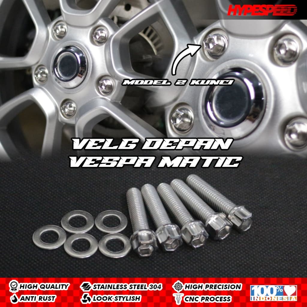 1 ชุดสลักเกลียวสแตนเลส 2 คีย์ FRONT WHEEL RIM VESPA Sprint Primavera LX S Vespa Matic Iget CNC รุ่นกระบวนการ HEX PLUS ป้องกันสนิมโดย HYPESPEED probolt อินโดนีเซีย