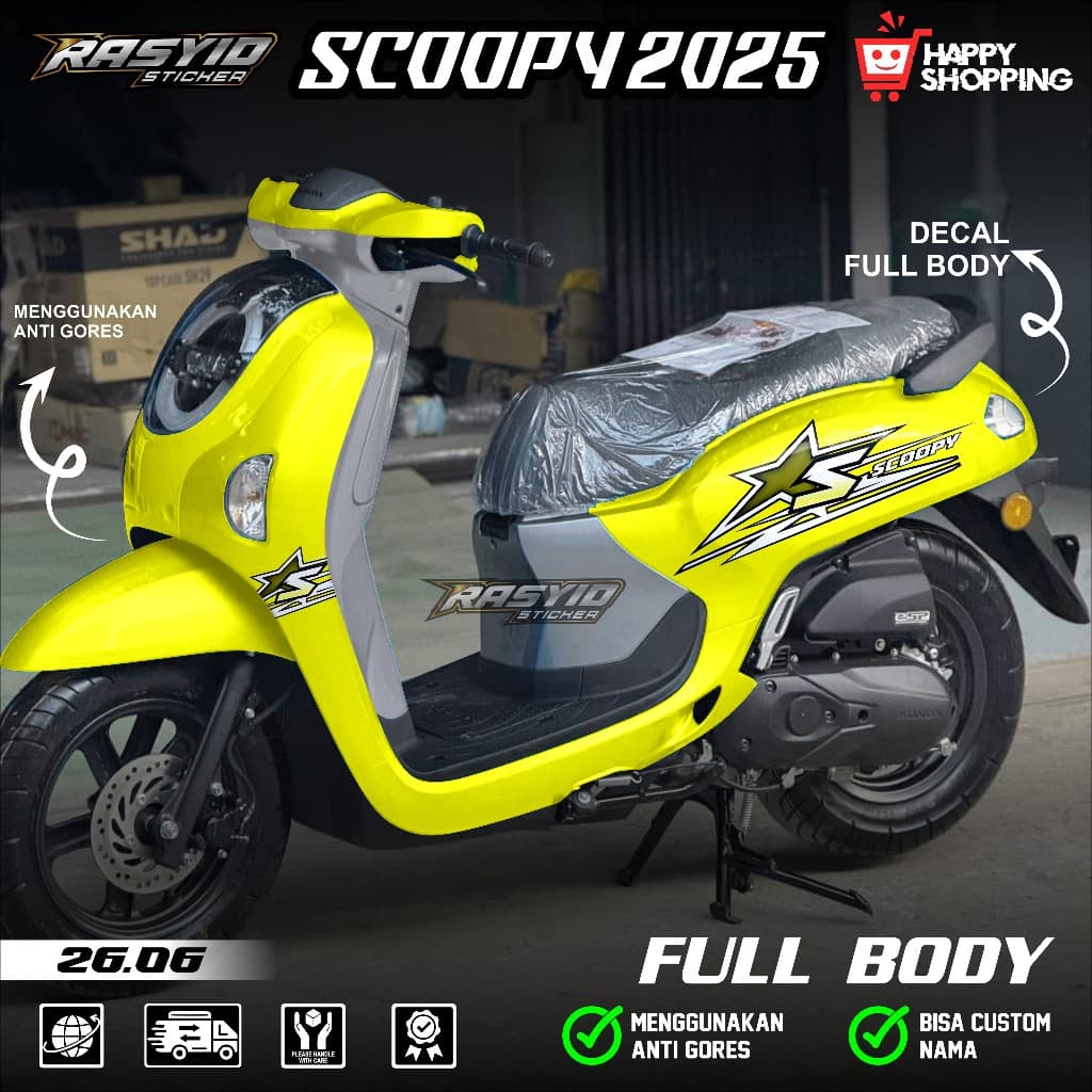 ล่าสุด Full Body Decal สติกเกอร์ Honda Scoopy 2025 2026 Full Body สติกเกอร์ Scoopy 2025 2026 Simple Star Motif 2025 2026 Scoopy Star Racing Star Design SR 26.06
