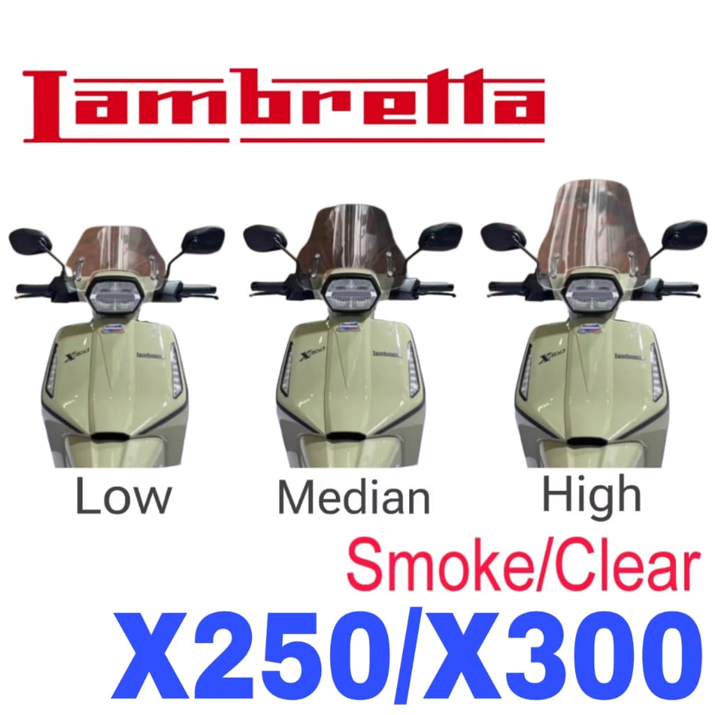 WINDSHIELD CLEAR AND SMOKE LAMBRETTA X250/X300 SHORT STANDARD SAIZ MID LONG VISOR LAMBRETTA WINDSHIELD