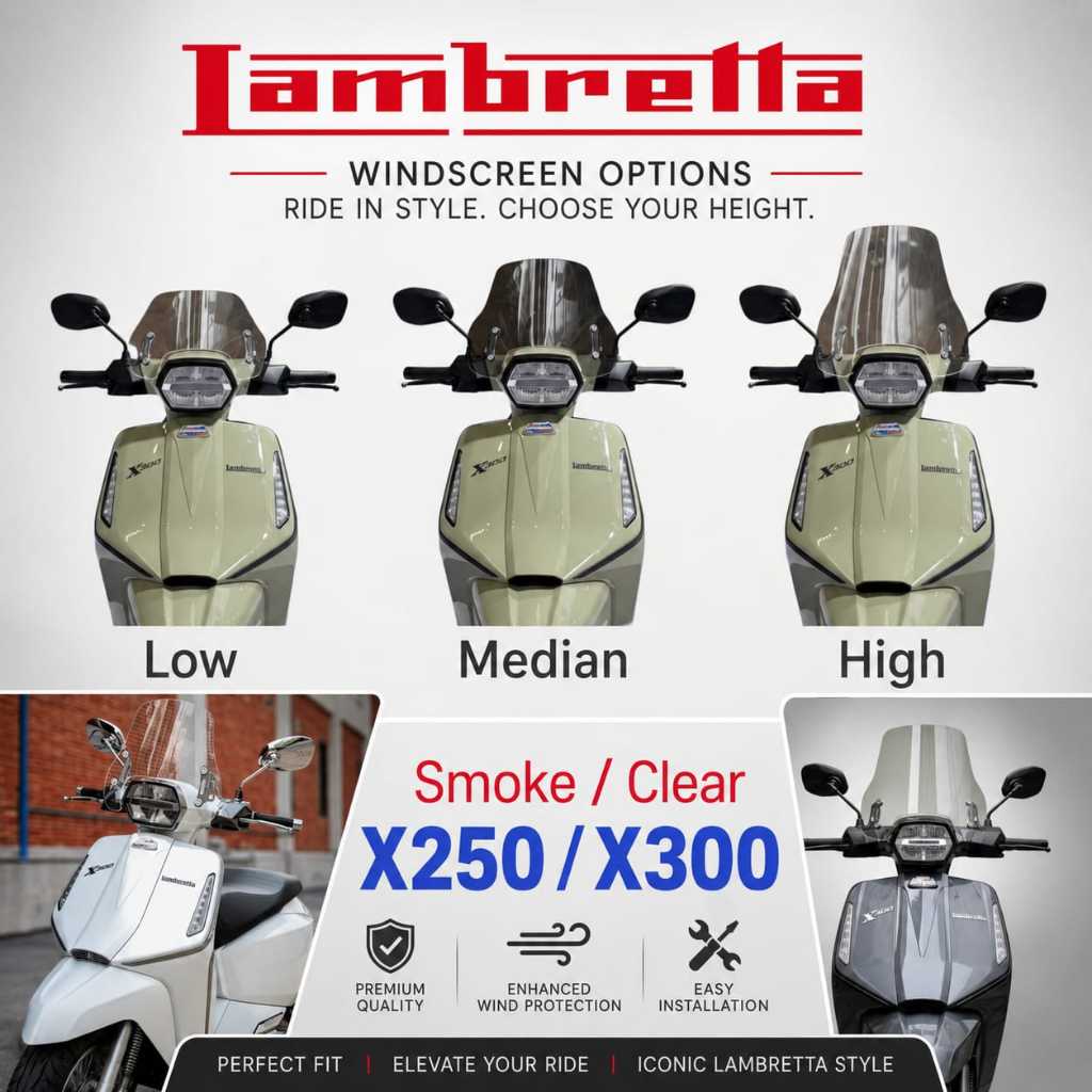 กระจก LAMBRETTA X250 X300 Visor Faring ล้างควันอุปกรณ์เสริมมอเตอร์สกู๊ตเตอร์ Visor Ekzos ท่ออะไหล่ 250X 300X