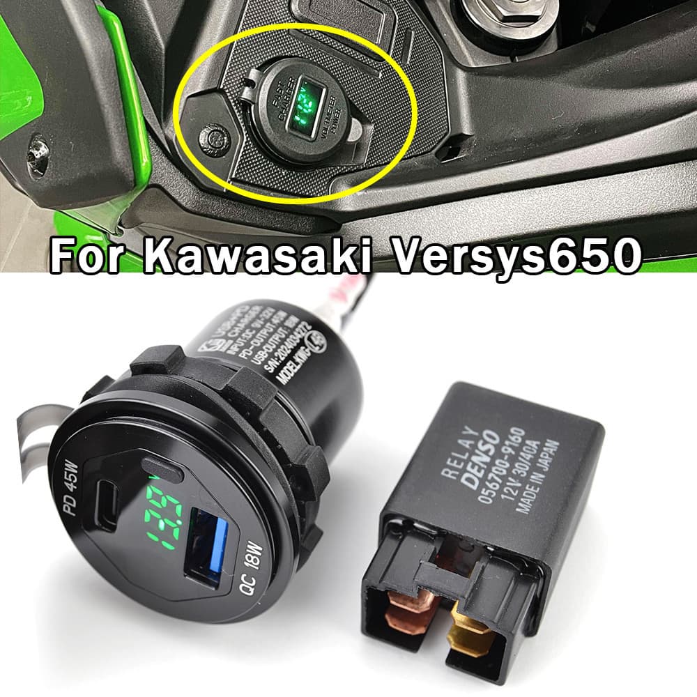รถจักรยานยนต์ Versys 650 กล้องโทรศัพท์มือถือ USB Fast Charger พร้อมรีเลย์สําหรับ Kawasaki Versys650 2022-2025 Versys-650 2024