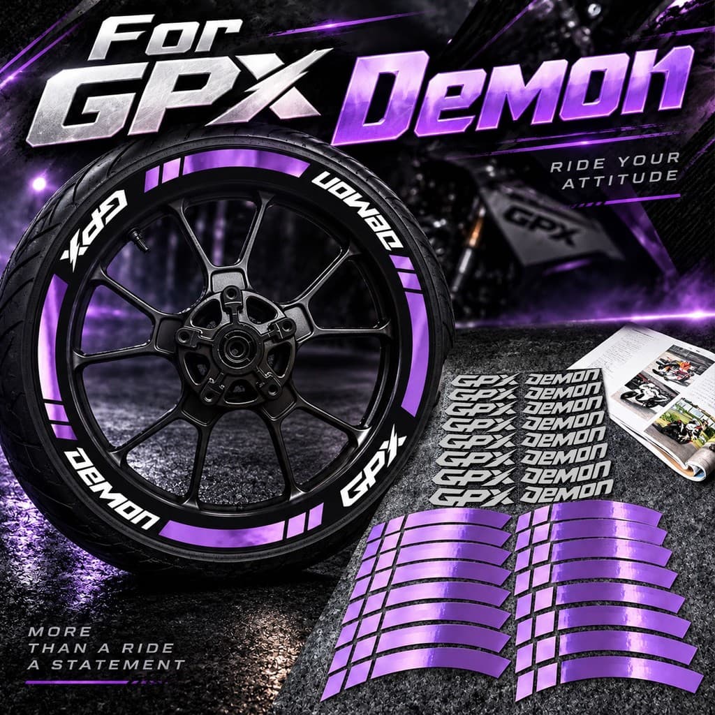 สําหรับ GPX Demon 125 150GR FI GR200R GR165R GR165RR ล้อสติกเกอร์ชุดสีม่วง Chrome Decal สําหรับ GPX ปีศาจรถจักรยานยนต์ขอบ Scratch-Resistant ล้อ Mod อุปกรณ์เสริมสติกเกอร์ decals