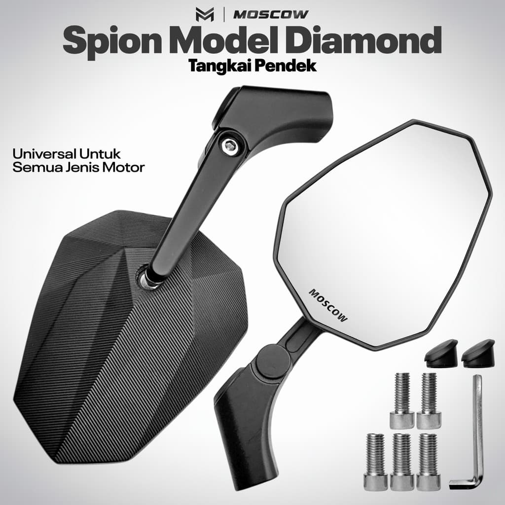 กระจก CNC MOSCOW H3557 รุ่น Stealth Diamond V5 Universal Vespa Matic Sprint Primavera Beat Street Vario 125 150 NMAX Aerox PNP SHORT BRANCH LEAF VARIATION REAR VIEW MIRROR CNC BLACK STEM PREMIUM CLEAR GLASS