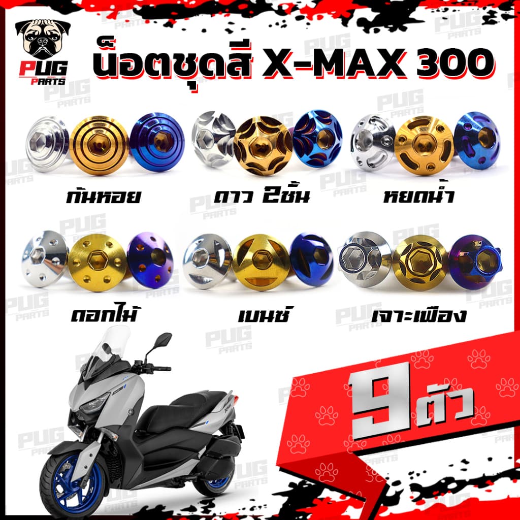 น็อตชุดสีXMAX 300 ปี 2016-2023 (1ชุด=9 ตัว)น็อตชุดสีX-max300 เก่า น็อตXMAX น็อตเฟรมXMAX เอ็กแม็ก300 น็อสแตนเลส (Xmax)