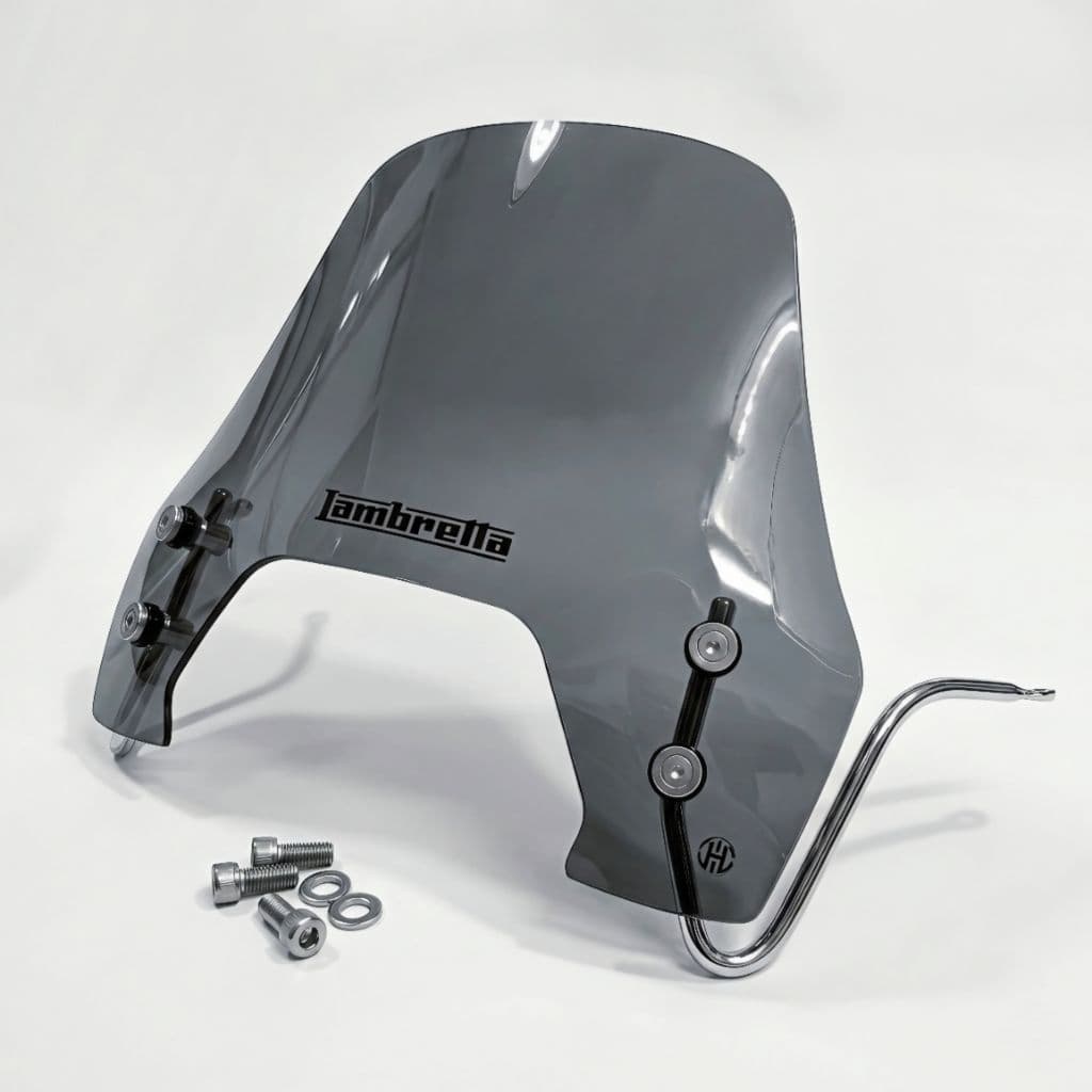 HTชิวหน้า ชิวบังลม Lambretta X300 X200 ขาสแตนเลสขนาด10mm.ยึดบนไม่ต้องเจาะ กระจกหนา3.3และ3.5mm(แถมสกรูยึดรูกระจกทุกชุด)