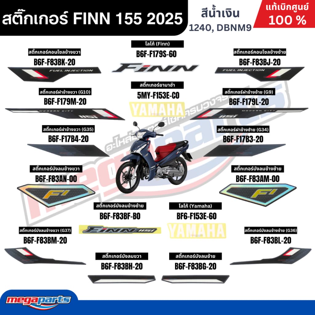 สติ๊กเกอร์ทั้งคัน YAMAHA FINN 155 ปี 2025 สีน้ำเงิน รหัสสี 1240, DBNM9 ล้อแม็ก แท้เบิกศูนย์ยามาฮ่า (Megaparts Store)